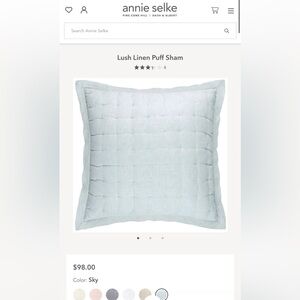 Annie Selke Lush Linen Puff Sham Sky Blue Set of 2 NWT Full/Queen